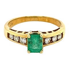 Emerald Cut Natural Emerald and Channel Set Diamond in 18k Yellow Gold Ring