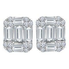 DiamondTown 1.12 Carat Baguette and Round Diamond Earrings in 18k White Gold