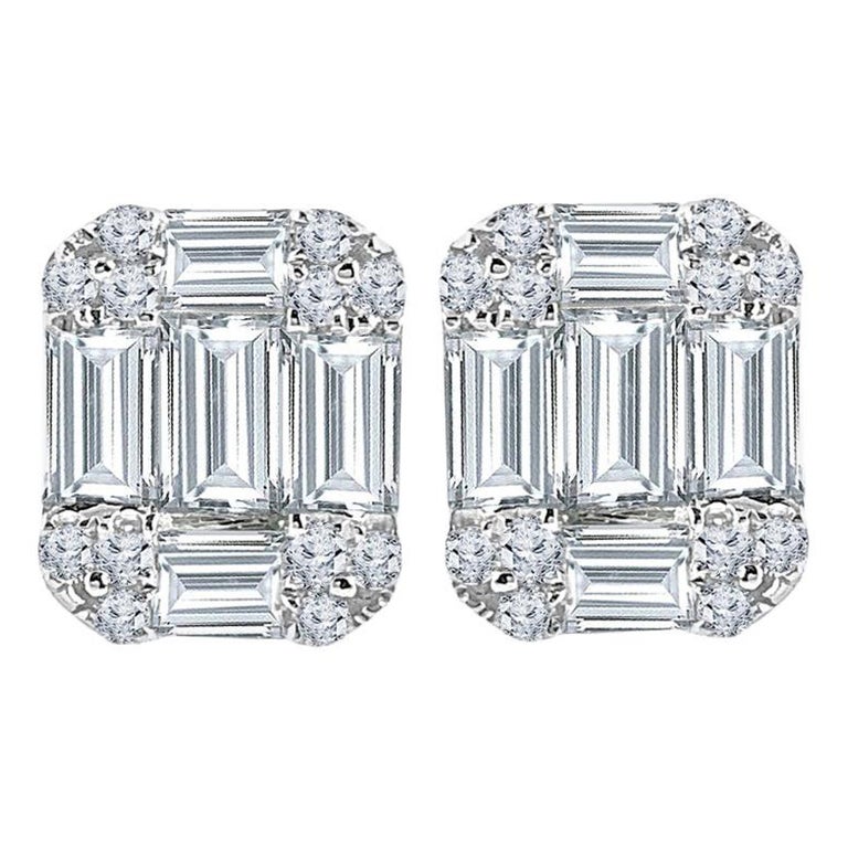DiamondTown 1.12 Carat Baguette and Round Diamond Earrings in 18k White Gold For Sale