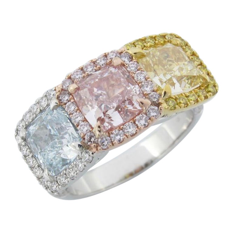 Emilio Jewelry GIA Certified 3.88 Carat Pink, Blue, and Yellow Diamond Band For Sale