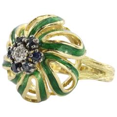  Enamel Sapphire Diamond Gold Floral Flower Ring 