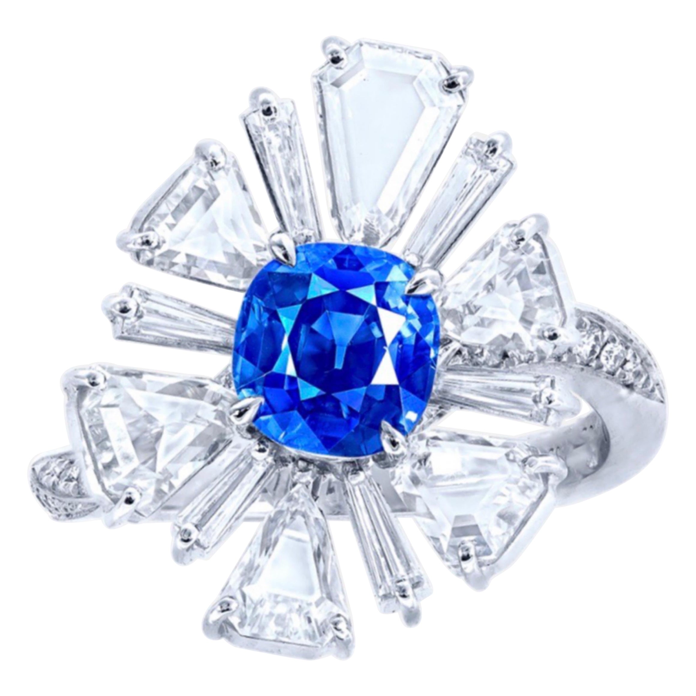 Emilio Jewelry, bague saphir du Cachemire 3,48 carats sans chaleur et diamants en vente