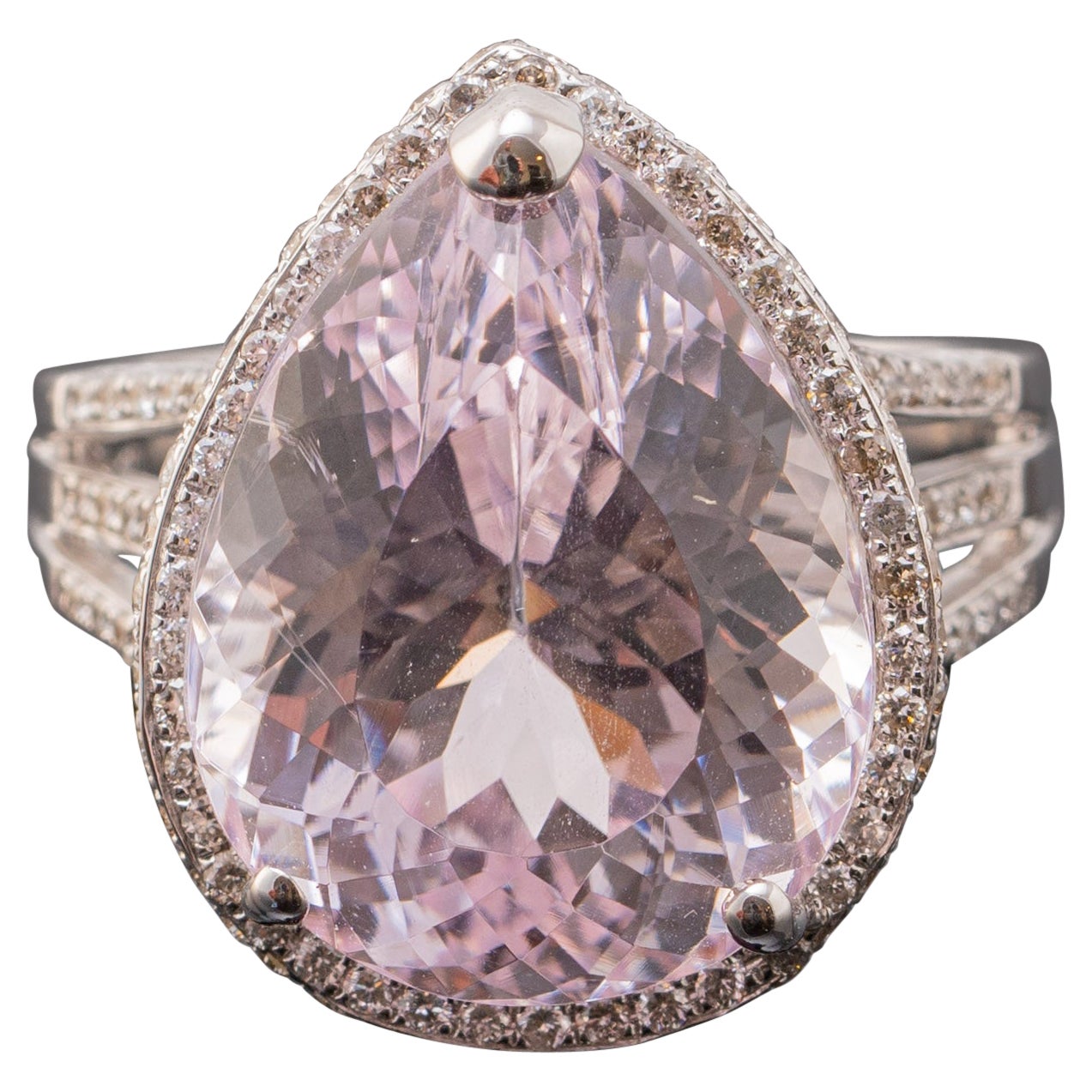 Certified 14.6 Carat Kunzite Halo Diamond White Gold Engagement Ring