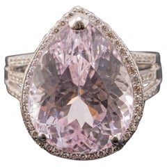 Certified 14.6 Carat Kunzite Halo Diamond White Gold Engagement Ring