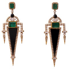 18 Karat Gold Natural Emerald, Diamond, and Black Onyx Dangle Earrings