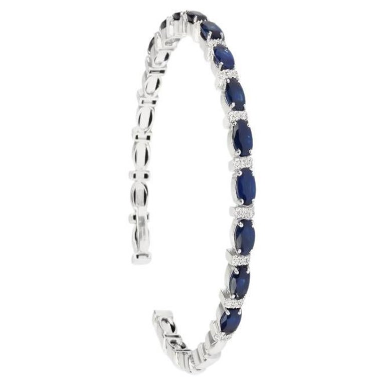 Thin Sapphire & Diamond Cuff Bracelet in 18k White Gold, Large For Sale