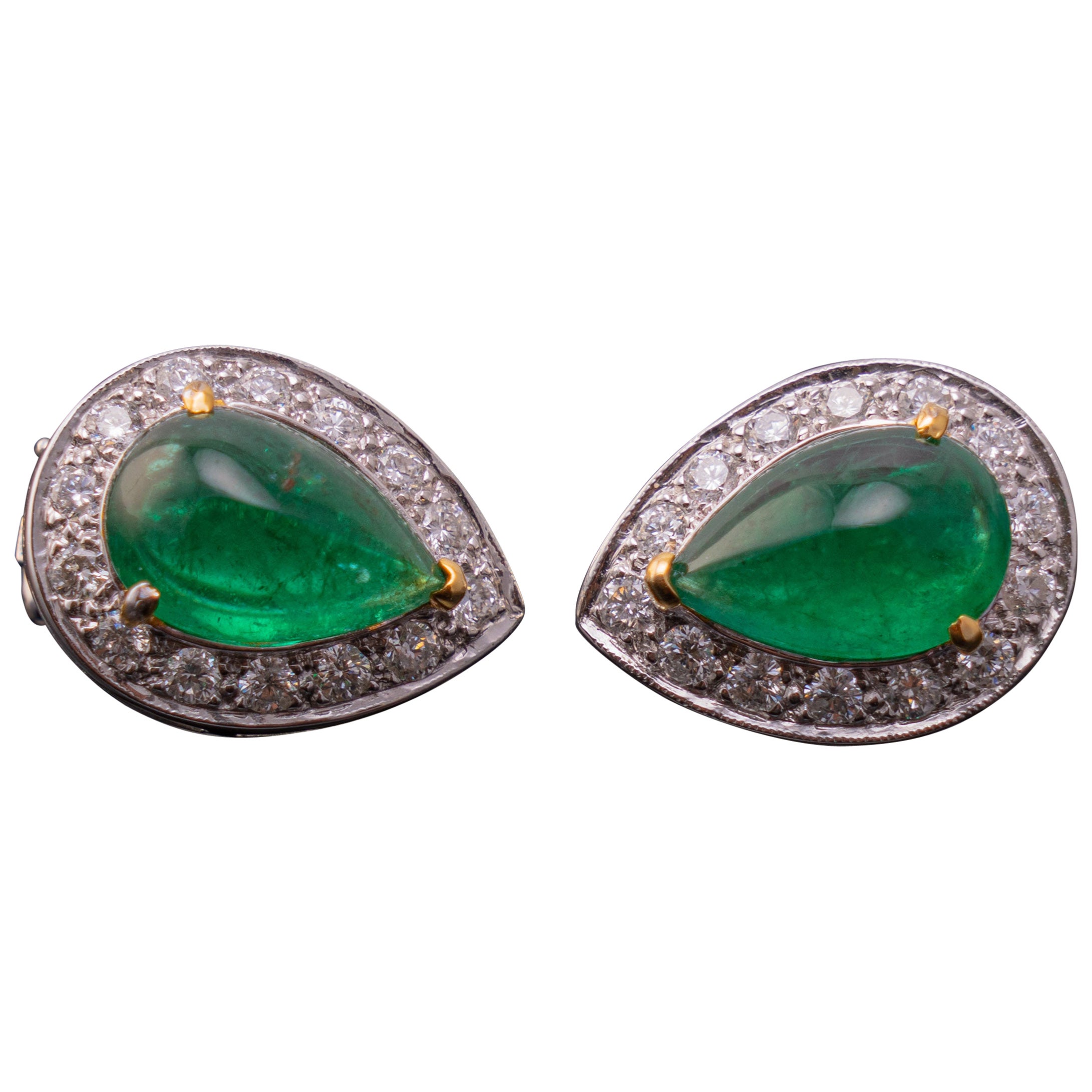 AGL Certified 18K Gold 12 Carat Emerald Cabochon and Diamond Earrings For Sale