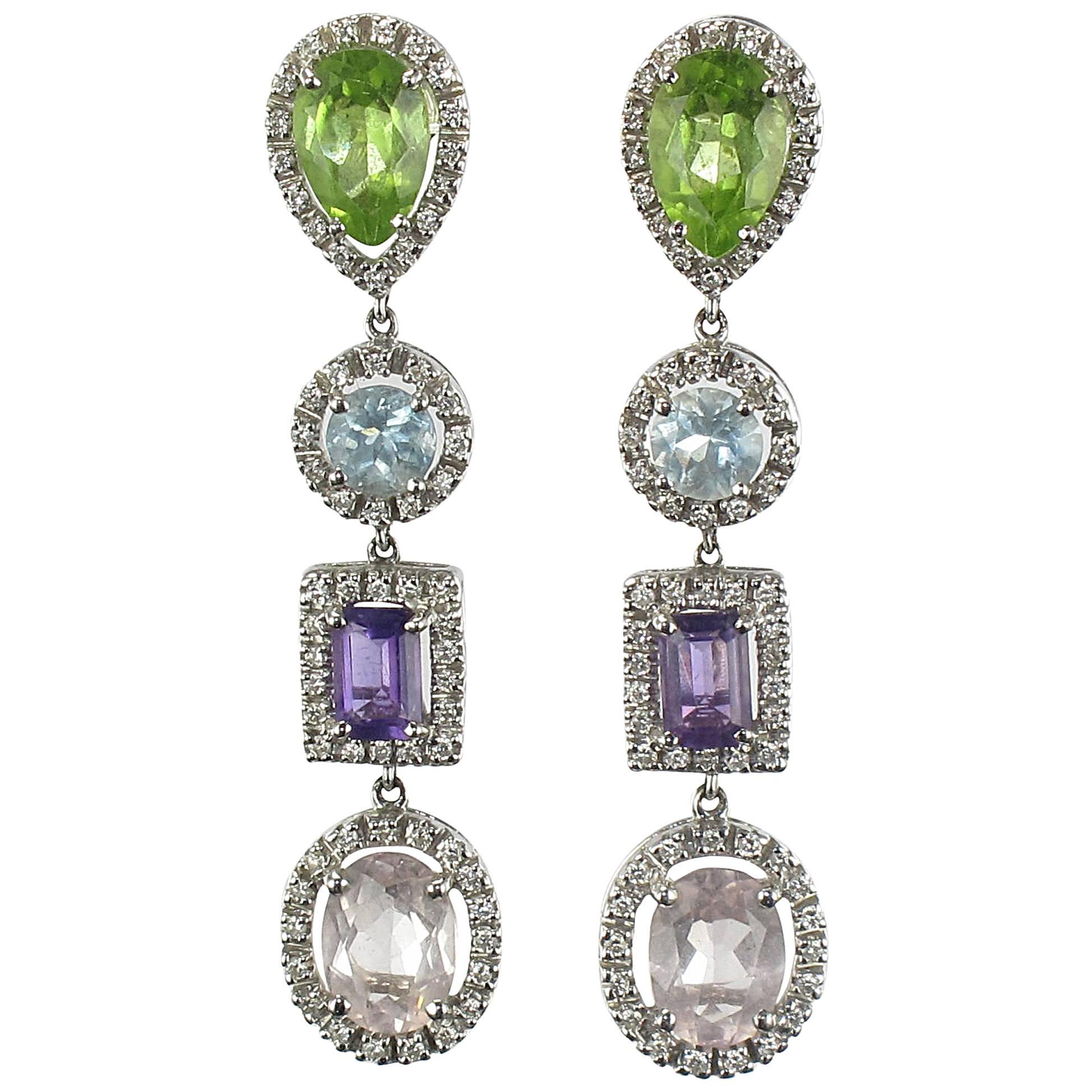 Diamond, Amethyst, Peridot, Aquamarine and Morganite Earrings