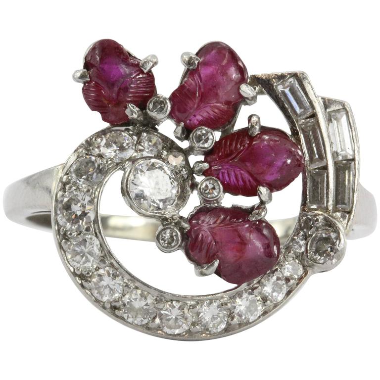 Unique Art Deco Tutti Frutti Style Carved Ruby Diamond Platinum Ring at ...