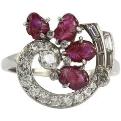 Unique Art Deco Tutti Frutti Style Carved Ruby Diamond Platinum Ring