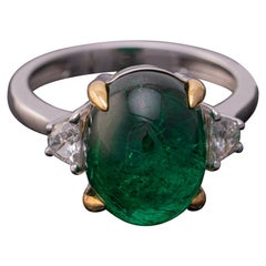 7 Carat Emerald Cabochon and Diamond Three Stone Engagement Ring