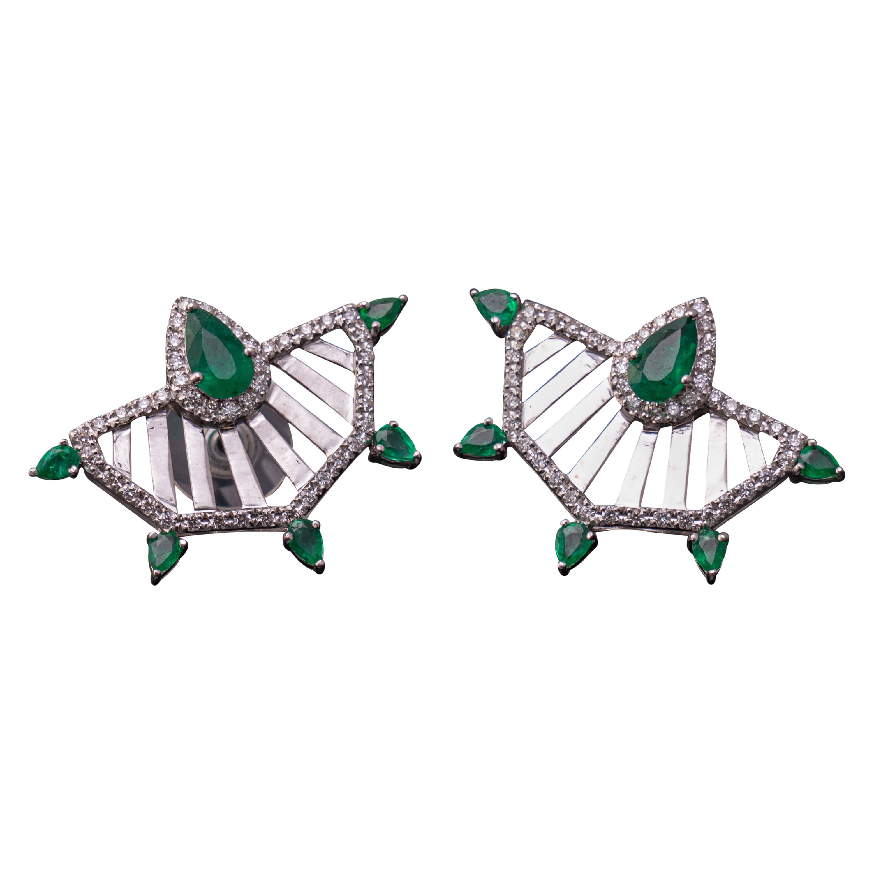 Pear Shaped Emerald and Diamond Studs in 18K White Gold For Sale