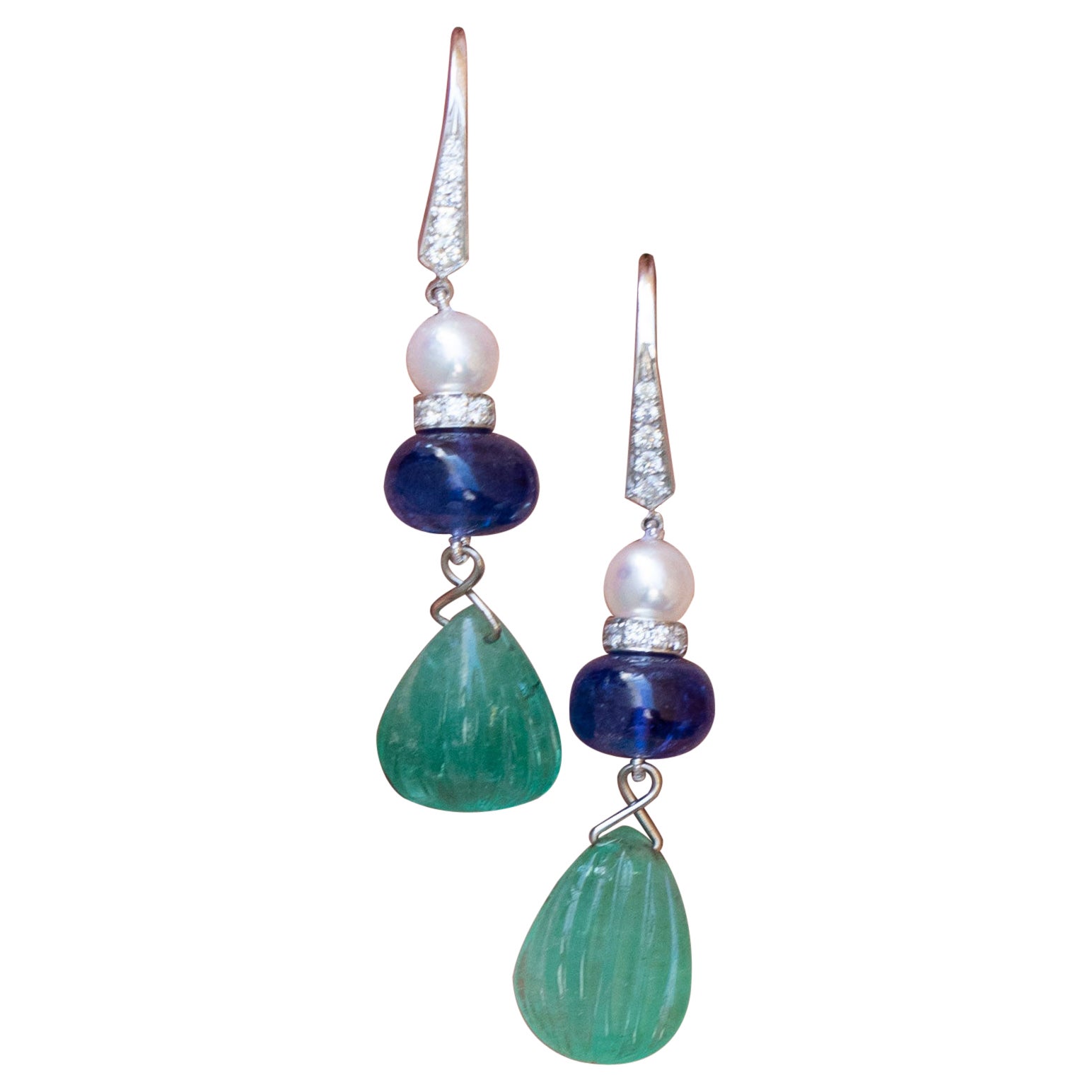 Natural Carved Colombian Emeralds, Sapphires with Diamonds Earrings in 18K Gold For Sale