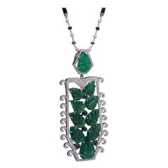 Art-Deco 53 Carat Emerald, Blue Sapphire and Diamond Pendant Necklace