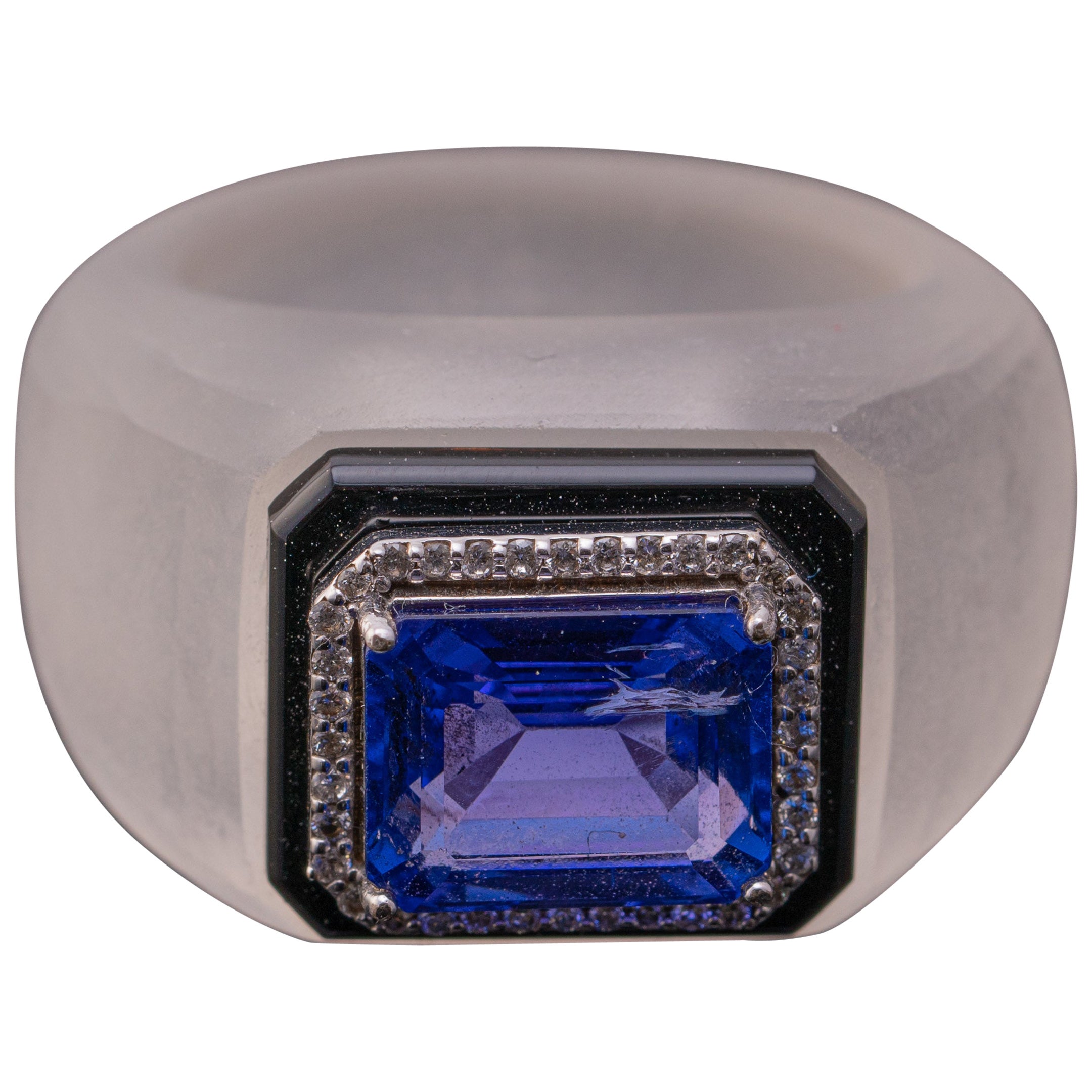 Certified Art Deco Rock Crystal Cocktail and Tanzanite Ring For Sale