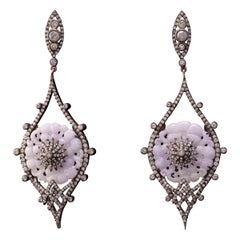 31.71 Carat Carved Lavender Jade and Diamond Dangle Earrings