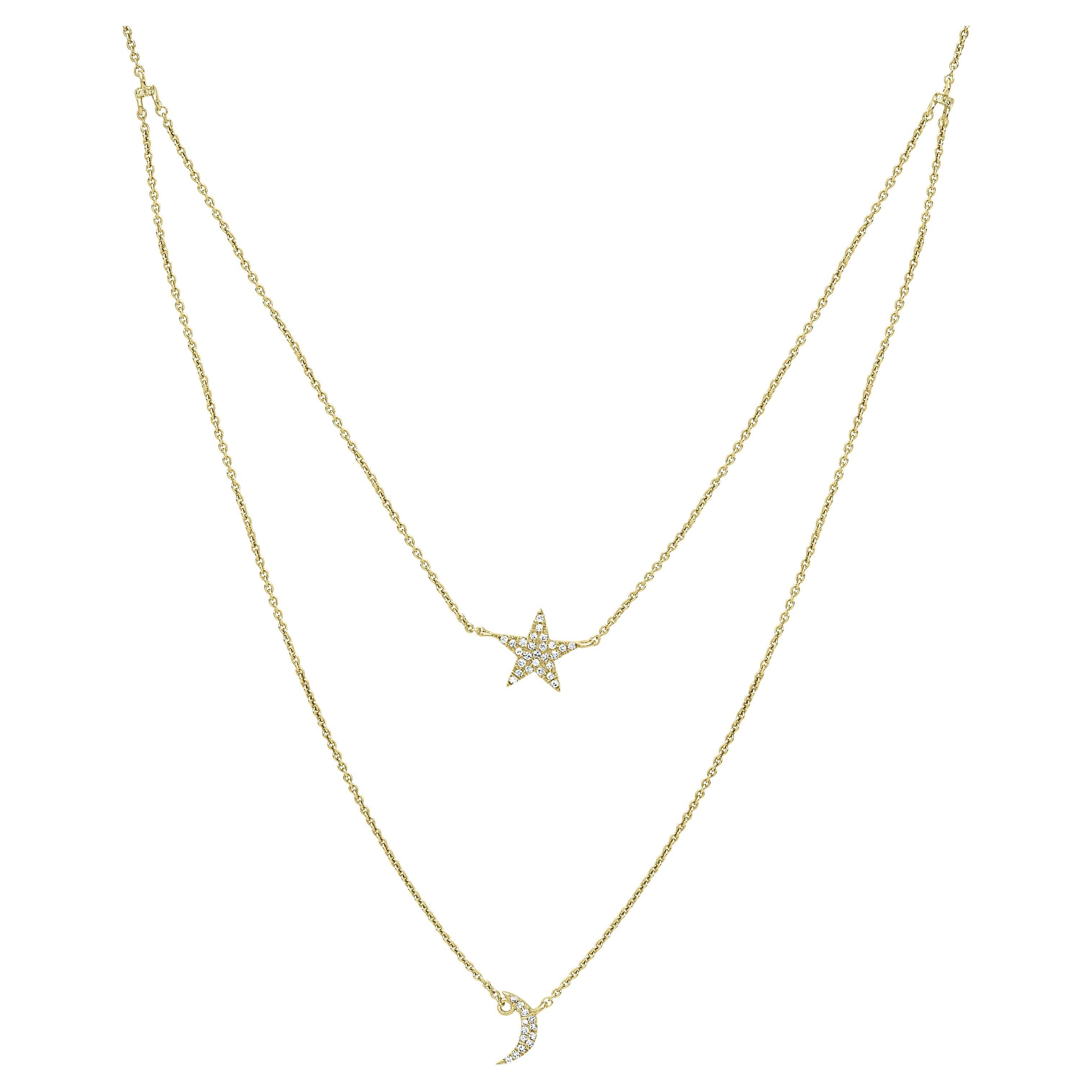 14k Gold 1/10 Karat T.W. Diamant-Diamant-Doppelreihige Stern- und Mond-Halskette