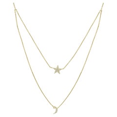 14k Gold 1/10 Karat T.W. Diamant-Diamant-Doppelreihige Stern- und Mond-Halskette