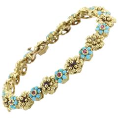 Italian Persian Turquoise Ruby Gold Floral Motif Bracelet 
