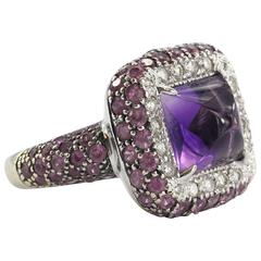 Impressive Modern Sugarloaf Amethyst Pink Sapphire Diamond Gold Ring 7