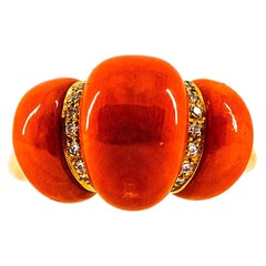 Art Deco Style White Diamond Mediterranean Red Coral Yellow Gold Cocktail Ring