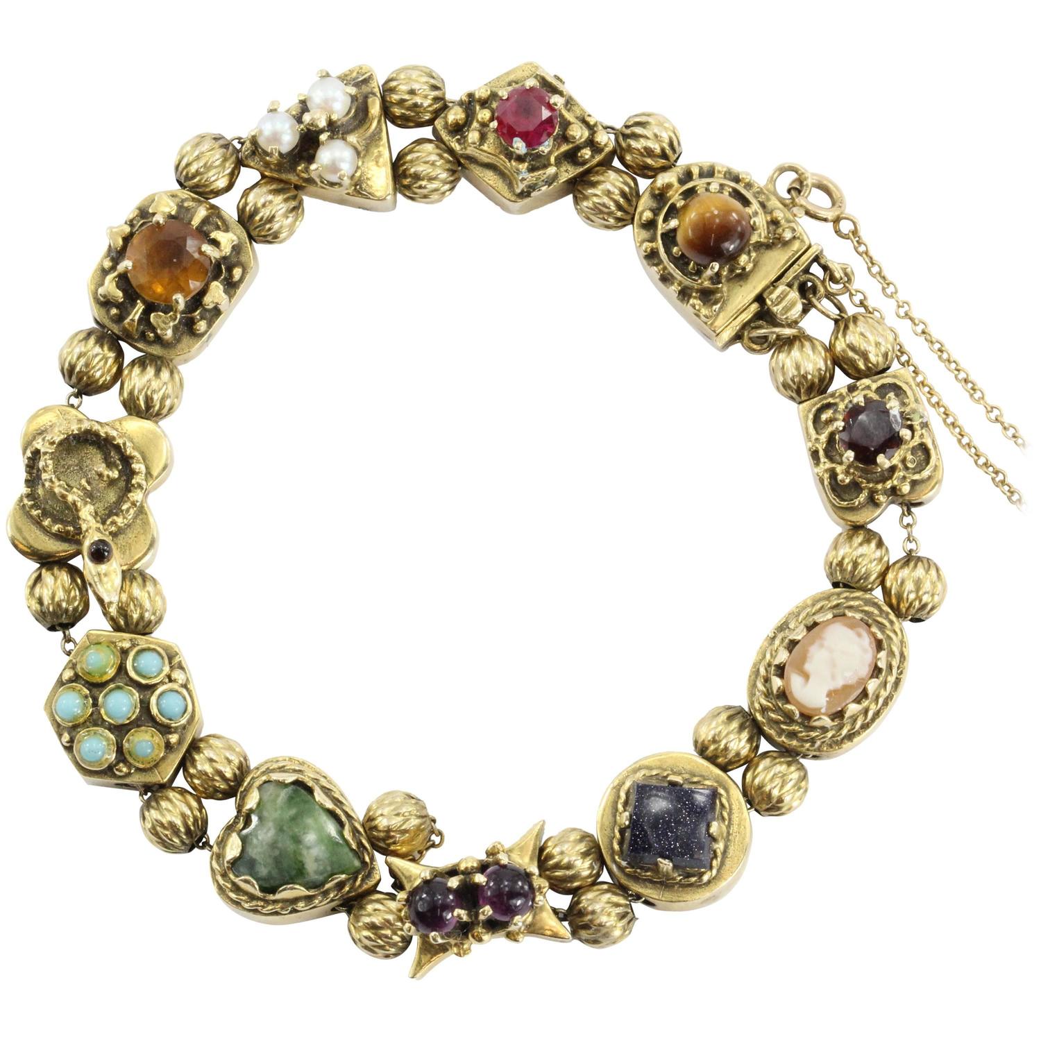 Antique Victorian Figural Charm Slide Bracelet For Sale at 1stdibs