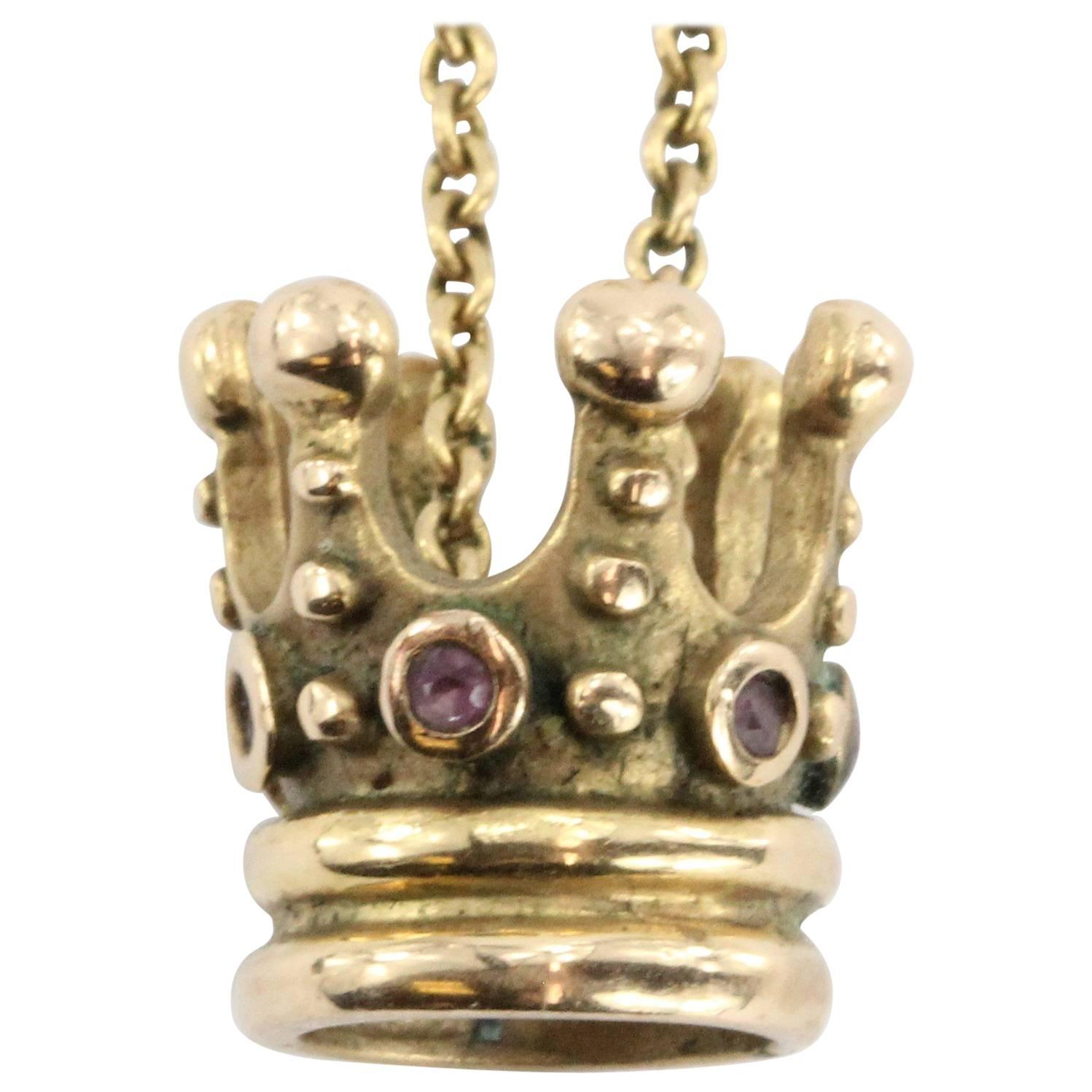 Vintage 18 Karat Gold and Ruby Queen / Princess Crown Necklace Pendant