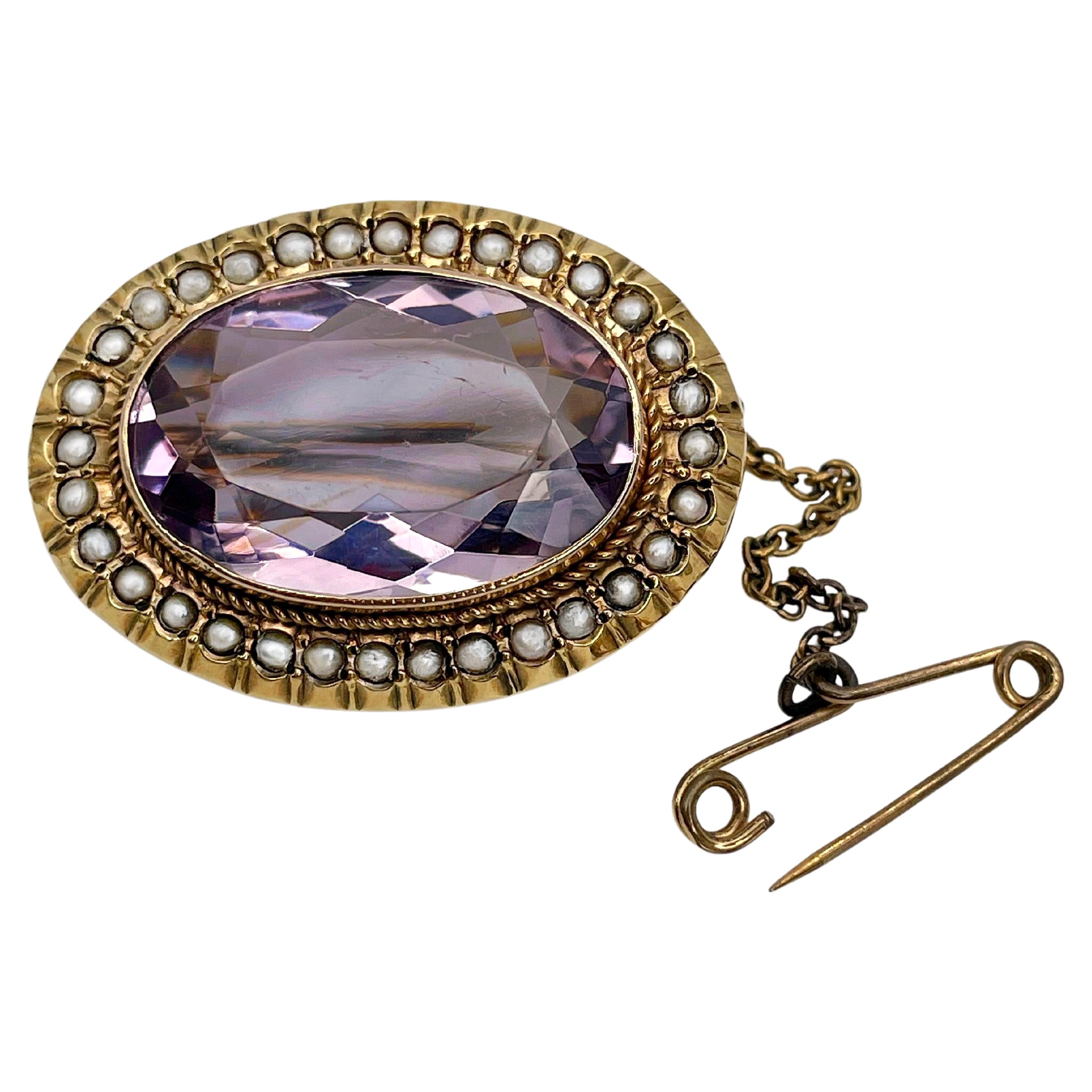 Antique Victorian 9 Karat Gold Light Purple Amethyst Seed Pearl Oval Pin Brooch