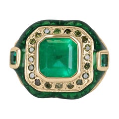 5.30tcw 18K Colombian Emerald & Green Diamond Enamel Men's Ring