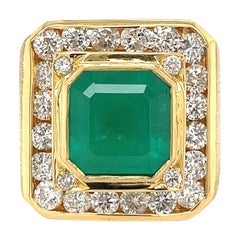 5 Carat Colombian Emerald Mens Ring with Round Diamond Halo in 18k Yellow Gold