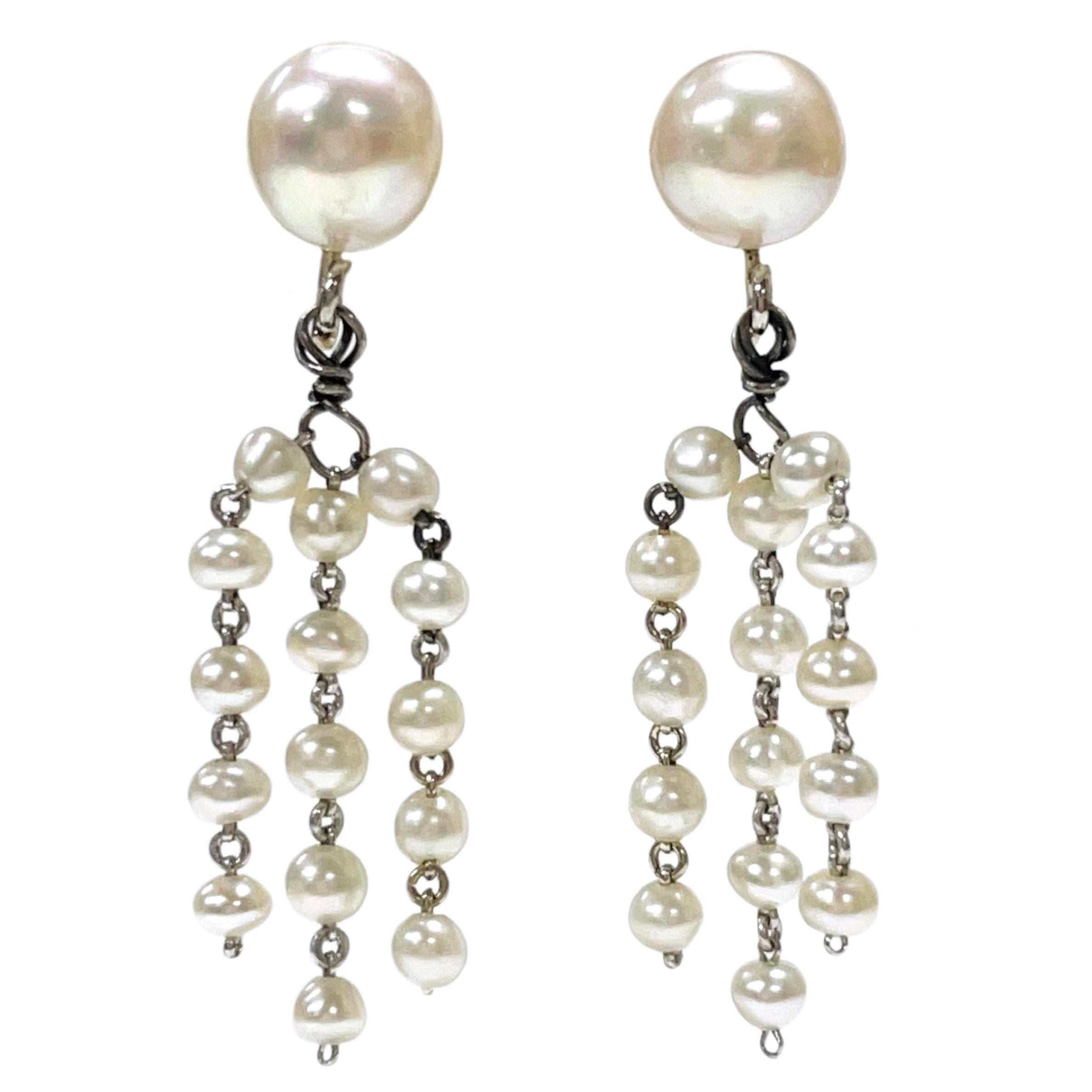 White Gold Cultured Pearl Dangle Earrings