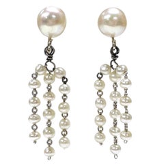 Retro White Gold Cultured Pearl Dangle Earrings