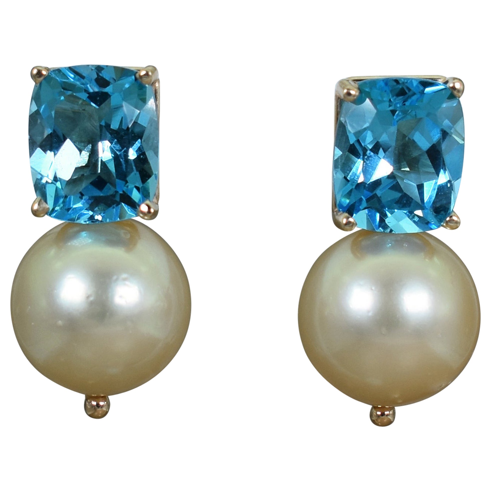 13.12 Carat Blue Topaz and Champagne Pearl 14 Karat Gold Drop Stud Earrings