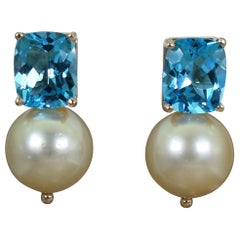 13.12 Carat Blue Topaz and Champagne Pearl 14 Karat Gold Drop Stud Earrings