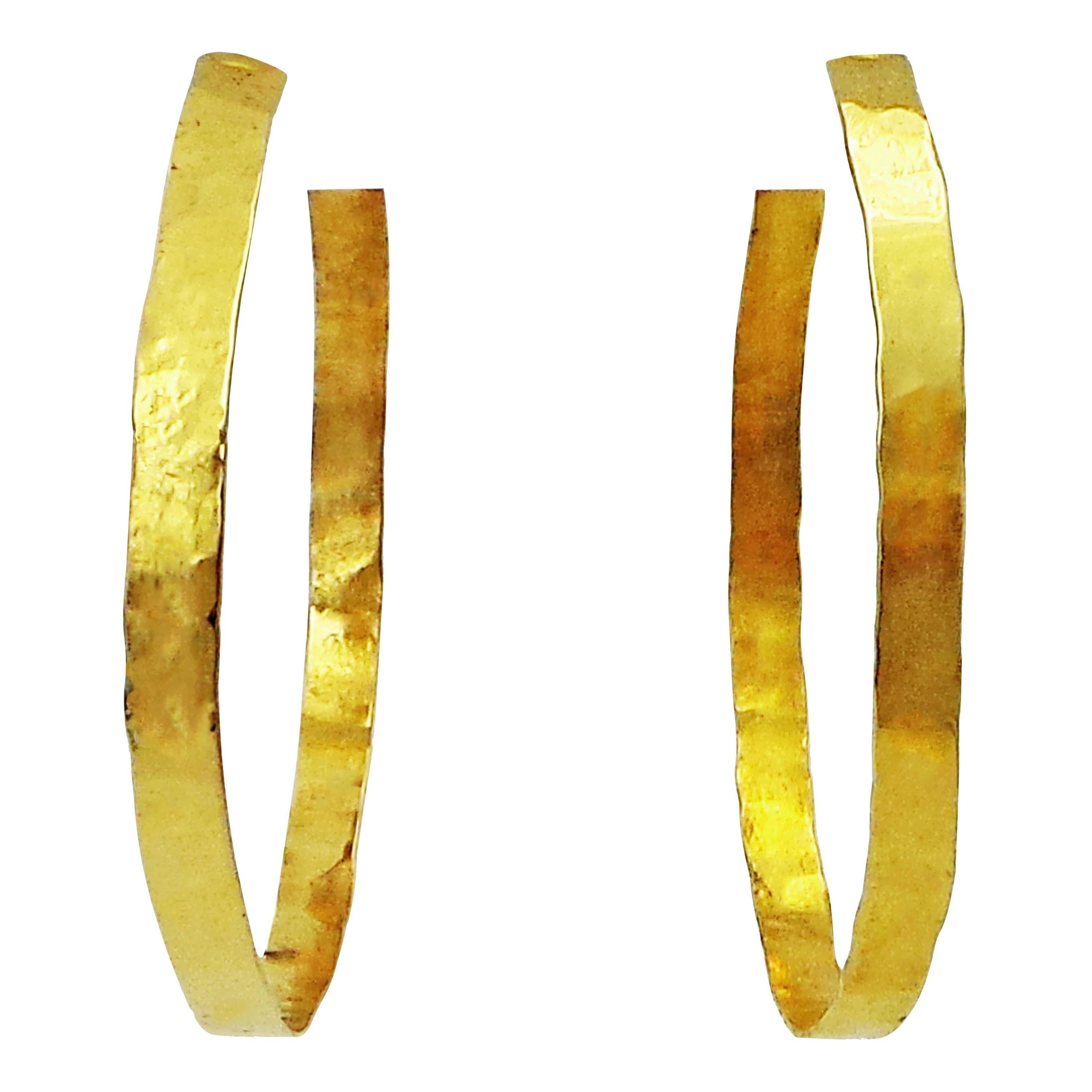 Hand Forged 18 Karat Yellow Gold Hammered Hoop Earrings For Sale