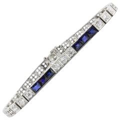 Antique Art Deco French Cut Sapphire Old Mine Diamond Platinum Tennis Bracelet