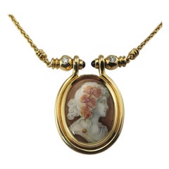 Antique 18 Karat Yellow Gold Diamond and Sapphire Hand Painted Cameo Necklace