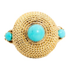 14 Carat Yellow Gold Circa 1970s Turquoise Vintage Braided Cone Cocktail Ring