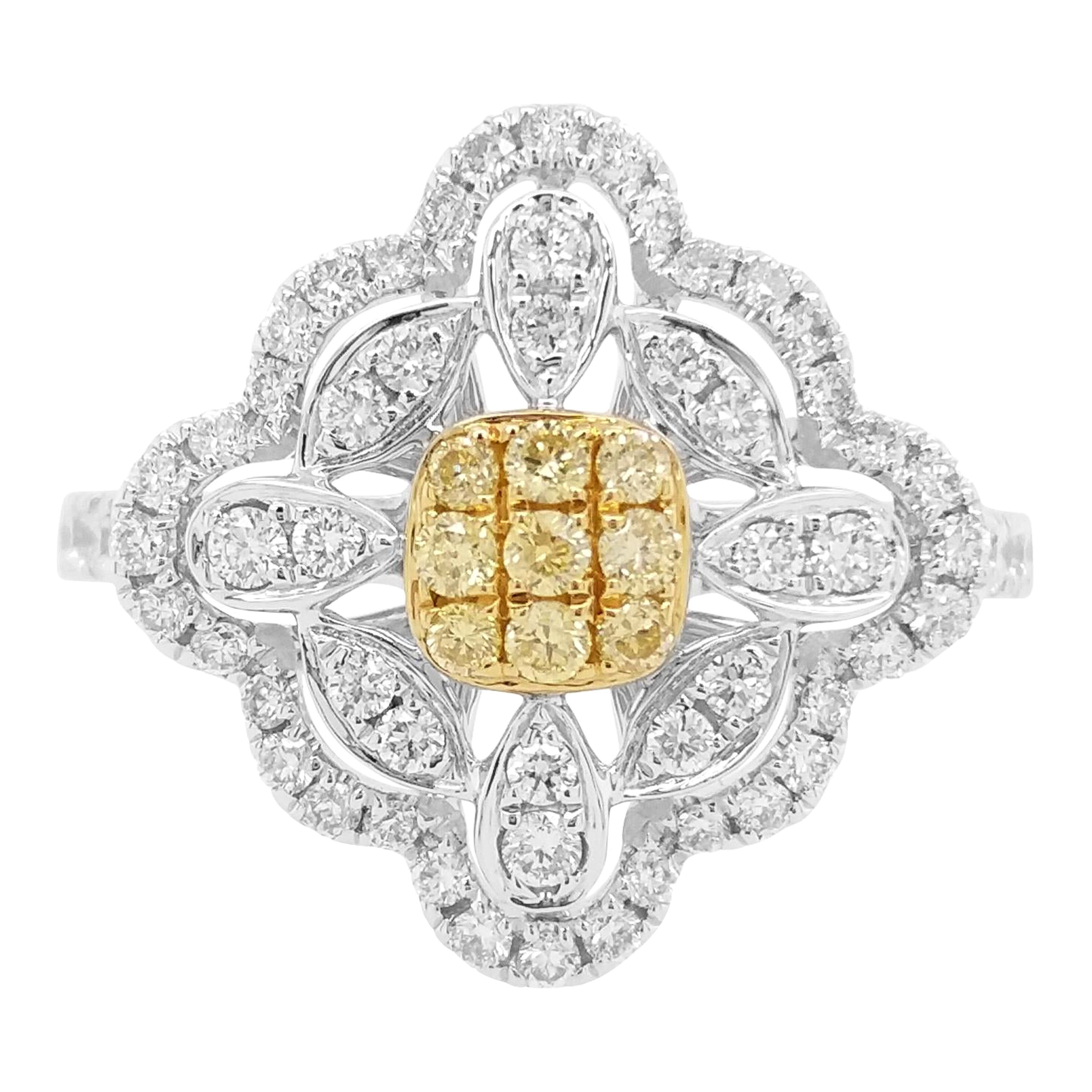 Yellow Diamond White Diamond Platinum Cocktail Ring For Sale