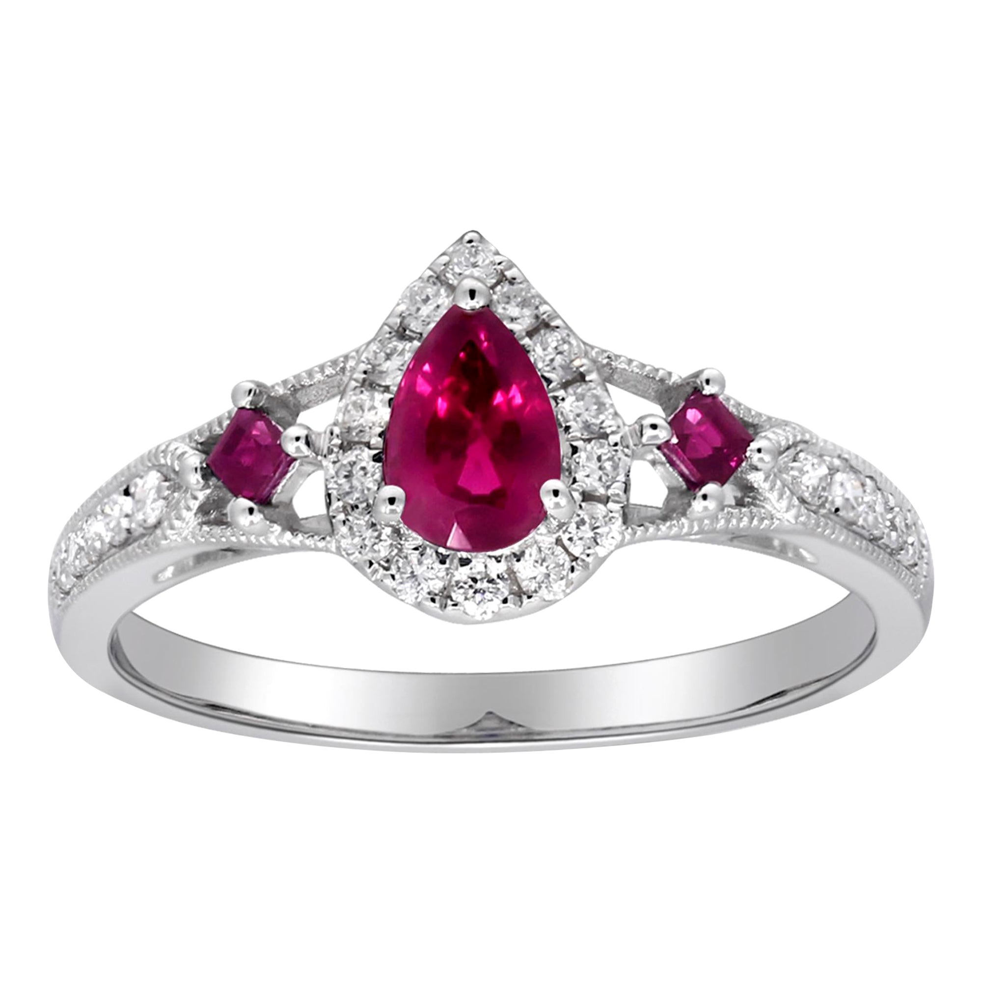 0.50 Carat Pear and 0.13 Carat Square Ruby Diamond Accents 14K White Gold Ring For Sale