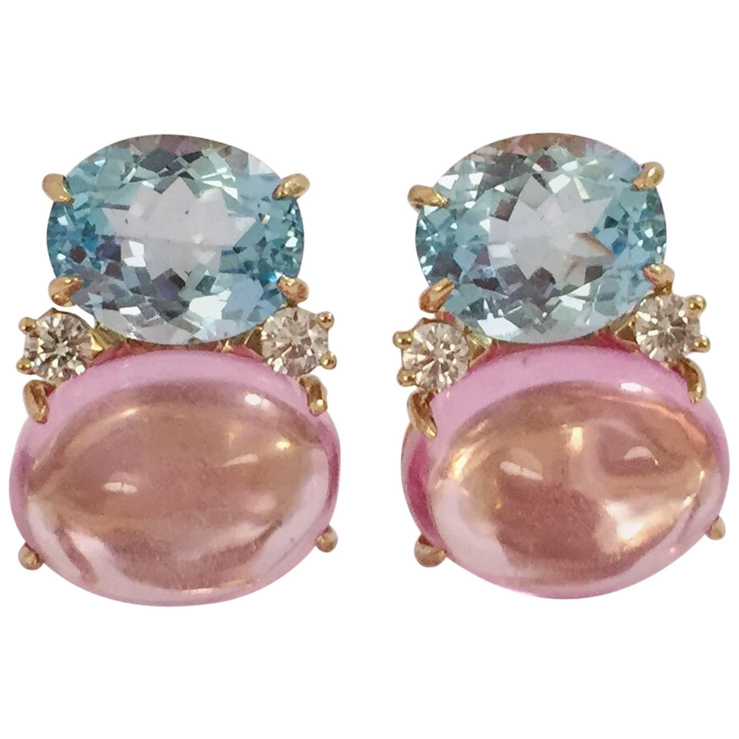 Large GUM DROP Earrings with Blue Topaz and Cabochon Pink Topaz and Diamonds