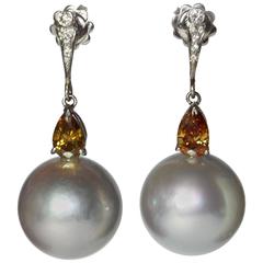 South Sea Pearl Orange Fancy Diamonds Gold Earrings