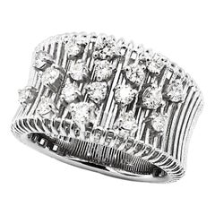 Scattering Diamonds on Airy Parallel Line Abstract Sculpture 18K White Gold Ring