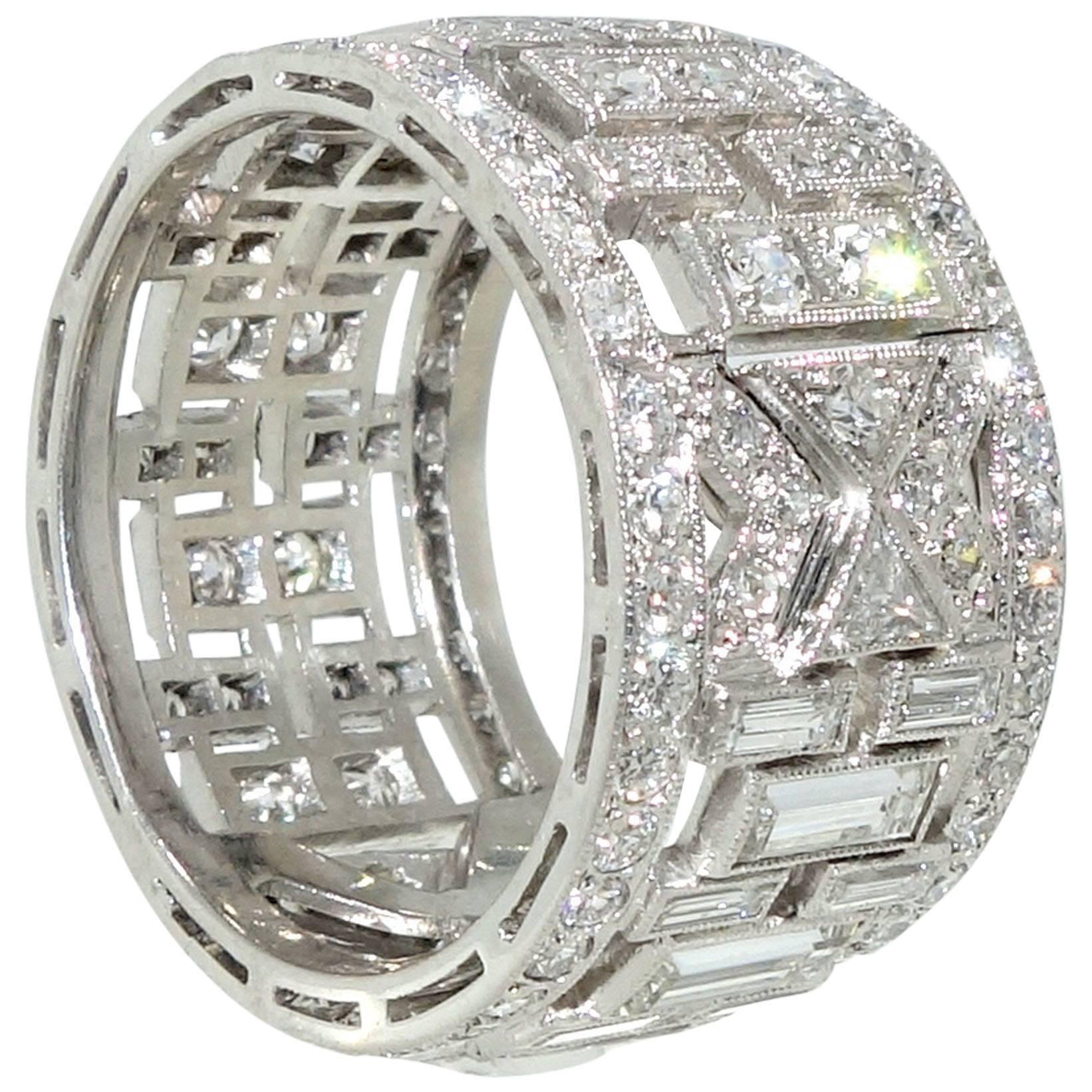 Unusual Art Deco Wide Diamond Platinum Band Ring