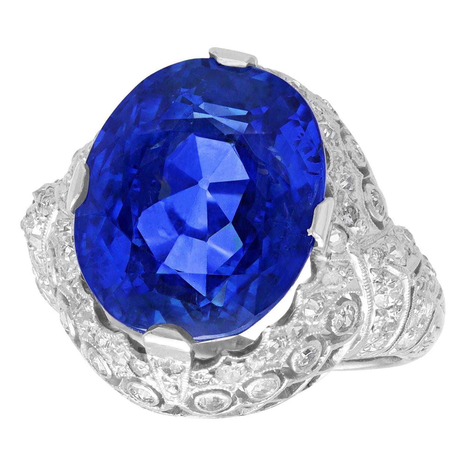 Antique 16.31ct Ceylon Sapphire and Diamond Platinum Cocktail Ring