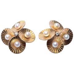 Retro Pearl Diamond Gold Earrings