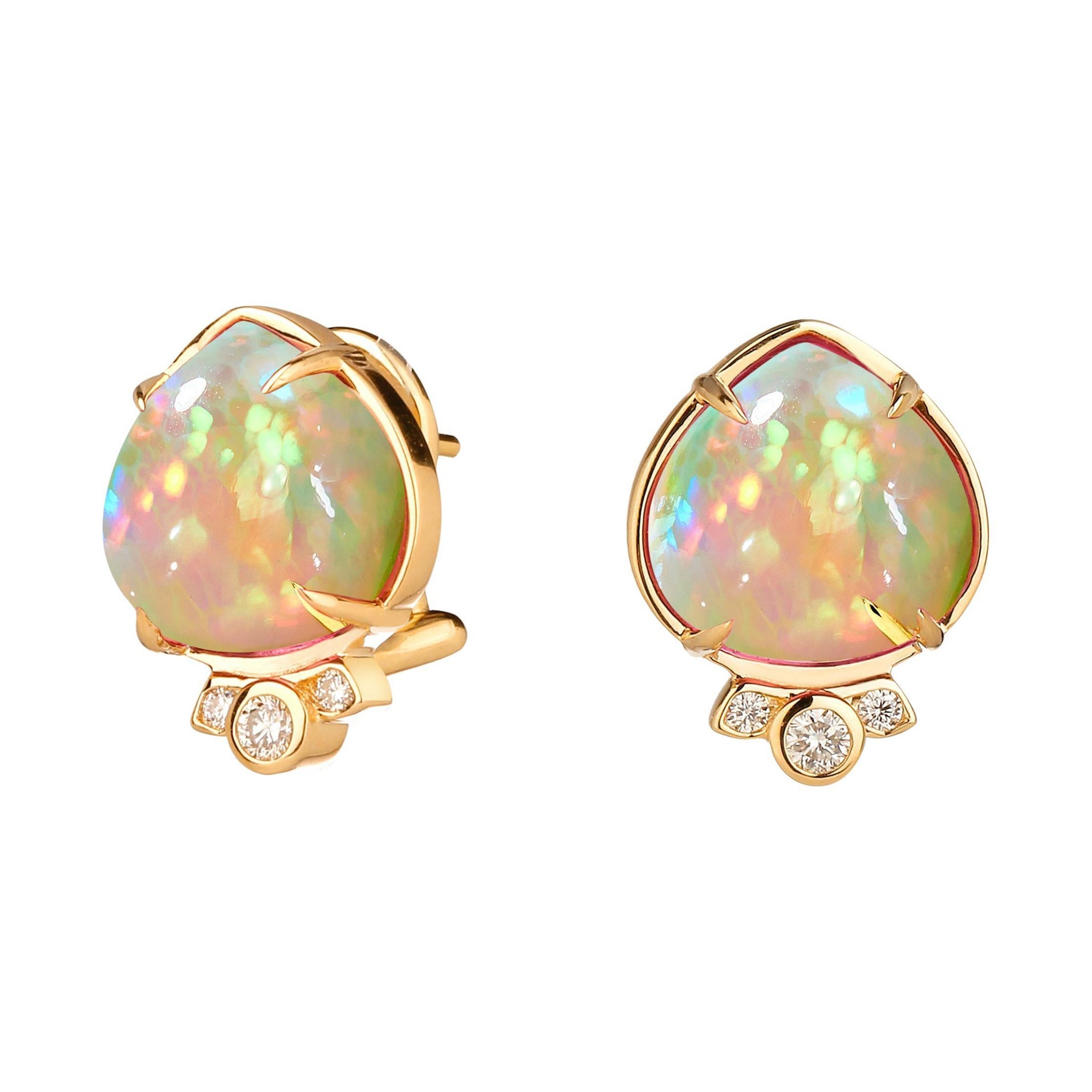 Syna Yellow Gold Small Opal Earrings with Diamonds