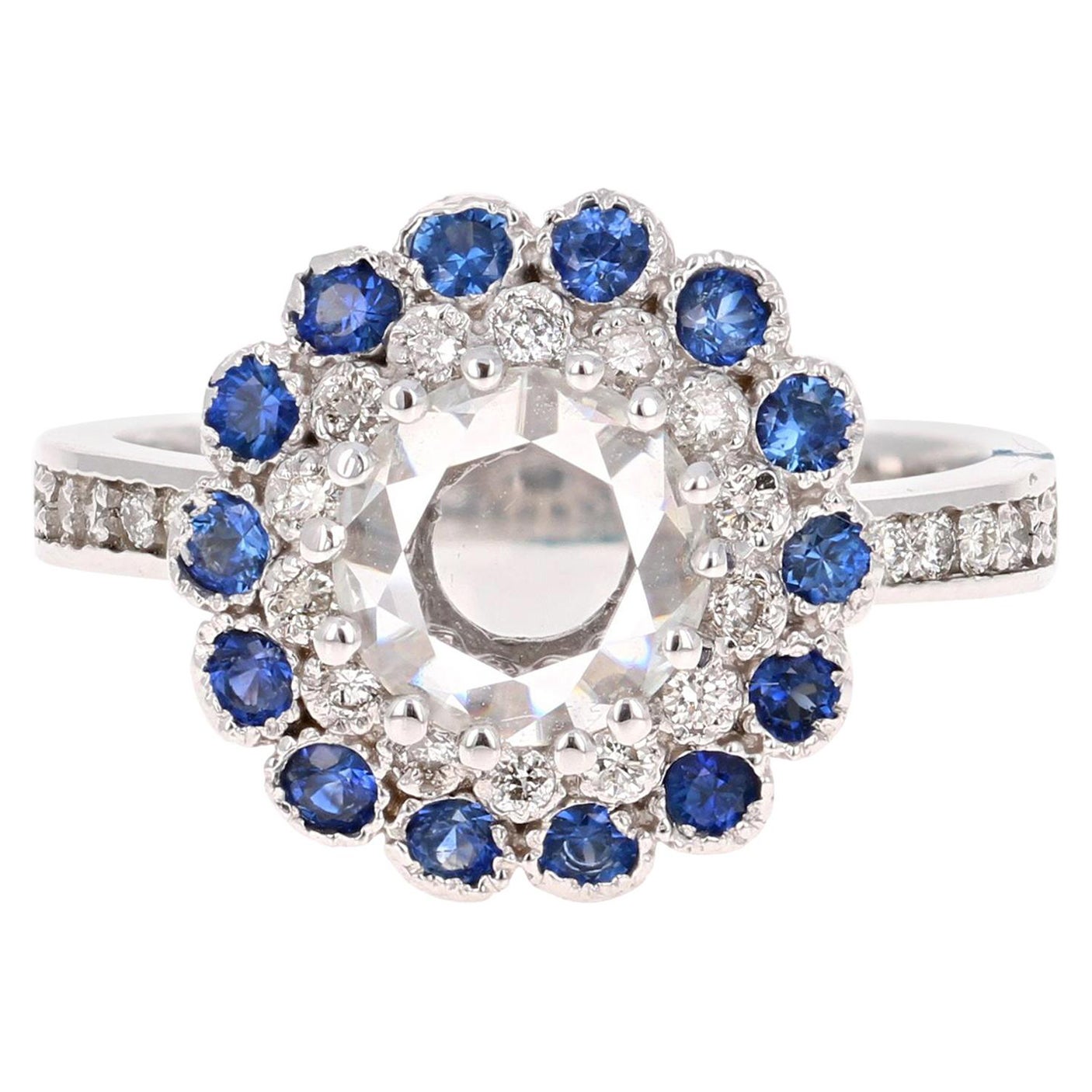 1.72 Carat Rose Cut Diamond Sapphire 18 Karat White Gold Ring For Sale