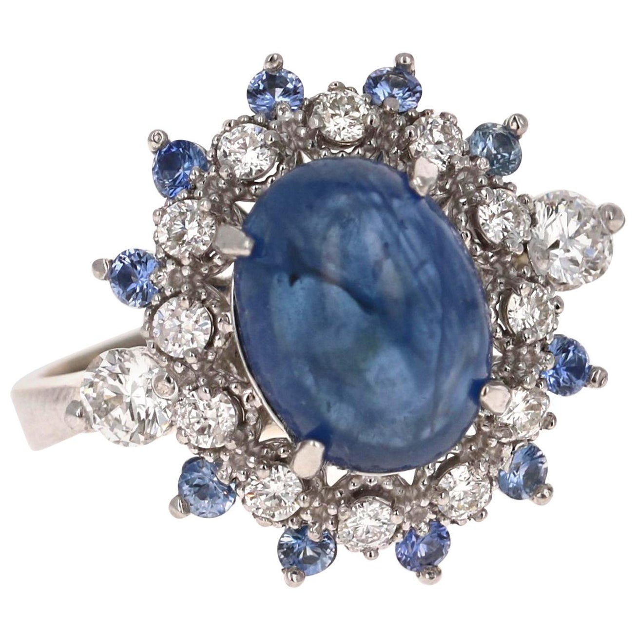5.20 Carat Sapphire Diamond 14K White Gold Cocktail Ring For Sale