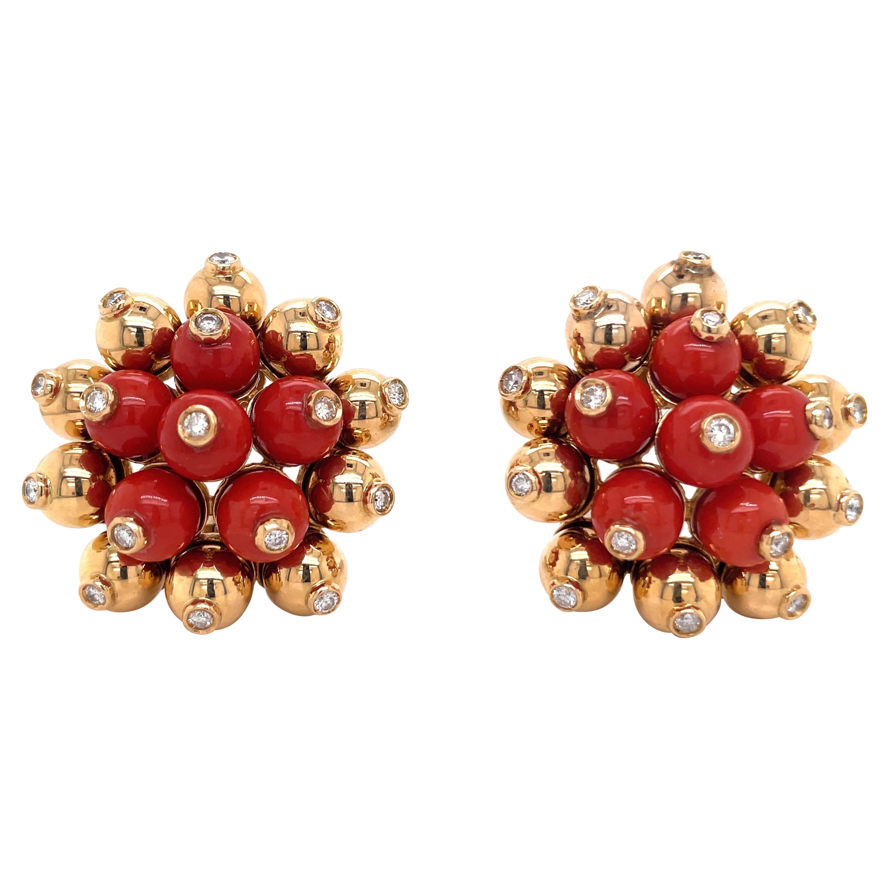 Oversized Coral Diamond Gold Bead Earrings 18 Karat Yellow Gold 53.1 Grams
